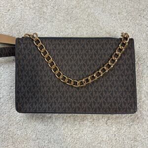 NWOT Michael Kors MMK Chain Zip Faux Leather Brown Logo Belt Bag Size XL